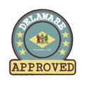 Vector Stamp of Approved logo with Delaware Flag in the round shape on the center. The states of America
