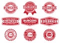 Vector stamp badge label for food truck, restaurant, cafe, burgers, delivery order, fresh beef burgers, premium delicious