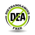 Vector stamp Diethanolamine free, non DEA, no DEOA additive in cosmetic, food, medical product. Round prohibited icon