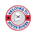 Vector stamp of welcome to South Korea with map outline of the nation in center