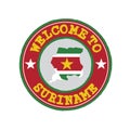 Vector stamp of welcome to Suriname with map outline of the nation in center