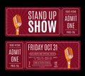 Vector stand up show tickets with retro microphone on sunburst background