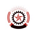 Vector star logo composed using laurel wreath and surrounded by industry gearwheel. Empire of evil, dictatorship and manipulation