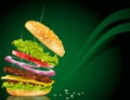 Vector steaming hamburger with cheese, onion