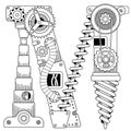 Vector Steampunk coloring book for adults. Mechanical letter alphabet made of metal gears and various details on white