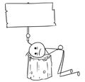 Vector Stick Man Cartoon of Men with Head placed on the Execution Block Holding Empty Sign