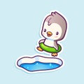 Vector sticker design with a cute little penguin walking toward the ice hole with a swimming circle. Funny animal character.