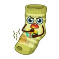 Vector bright sticker. Funny dirty and torn emoji socks in a cartoon style