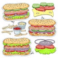 Vector sticker icon. Cartoon tasty hot dog with sausage and sesame seeds.