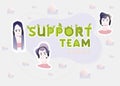 Vector sticker support team helping business to solve client-oreinted problems through phone and email tickets in flat graphic des