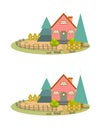 Vector sticker with white outline of rural home isolated on white background. Cartoon clipart of farm house with trees and wooden Royalty Free Stock Photo