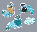 Animals patch collection of hipster walruses with beards and tattoos in cartoon style. Vector fun stickers Royalty Free Stock Photo