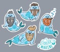 Animals patch collection of hipster walruses with beards and tattoos in cartoon style. Vector fun stickers Royalty Free Stock Photo