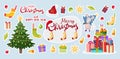 Vector stickers for Christmas and New Years, New Year tree, gifts, balls, New Year decorations. Festive clipart. Flat
