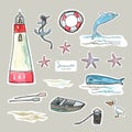 Marine objects set. Pen drawing with watercolor style background. Royalty Free Stock Photo