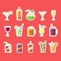 Vector stickers set with alcoholic drinks in glasses and bottles in flat style elements Royalty Free Stock Photo