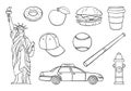 Vector stickers set of American symbols. Travel illustration with American landmarks, food and symbols