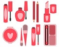 Vector stickers, a set of drawn items of women\'s cosmetics, mascara, lipstick, powder and other items.