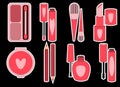 Vector stickers, a set of drawn items of women\'s cosmetics, mascara, lipstick, powder and other items.