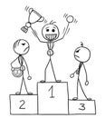 Vector Stickman Cartoon of Winner Celebrating on the Winners Pod Royalty Free Stock Photo