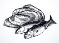 Vector still life from the biblical story: loaves and fishes