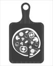 Vector still life with cutting board and pizza with mushrooms, olives and herbs. Monochrome hand drawn illustration
