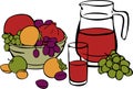 Vector still life illustration of ripe fruits in bowl and fruite juice in jar.