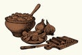 Vector still life. Traditional Slavic food: potatoes in a clay pot Royalty Free Stock Photo