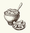 Vector still life. Traditional Slavic food: potatoes in a clay pot Royalty Free Stock Photo