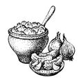 Vector still life. Traditional Slavic food: potatoes in a clay pot Royalty Free Stock Photo