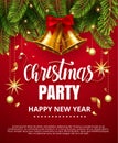 Vector stock Christmas Party Happy New Year traditional classic design template. Jingle golden bells with ribbon bow Royalty Free Stock Photo