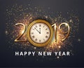 Vector stock Gold 2019 Christmas or New Year celebration premium luxury dark background with clock midnight and gold glittering Royalty Free Stock Photo