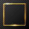 Vector stock gold glitter shine magic square frame. Glowing neon sparkle golden border effect on dark transparent Royalty Free Stock Photo