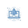 Vector stock illustration of blue colors rocket ship launch icon in filled outline style. Royalty Free Stock Photo