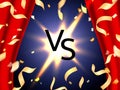Vector stock illustration. Blue opened curtains background for competition. Versus letters
