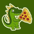 Vector Stock Illustration character cartoon green dragon dinosaur eats a pizza sticker