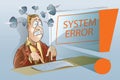 Vector stock illustration. Funny businessman working at a computer. Network security systems