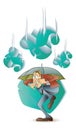 Vector stock illustration. Funny frightened man hiding under an umbrella from a falling currency