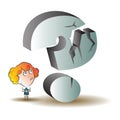 Vector stock illustration. Funny woman under a giant question mark