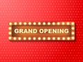Vector stock illustration. Grand opening. Wooden frame with light bulbs