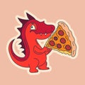 Vector Stock Illustration isolated Emoji character cartoon dragon dinosaur eats a pizza