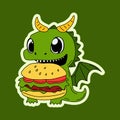 Vector Stock Illustration isolated Emoji character cartoon green dragon dinosaur eats a burger