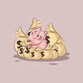 Kitty sticker emoticon lies happy on bags of money