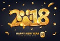 Vector stock 2018 New Year lettering with shining gold dog paw print. Happy New year celebrate greeting typography card Royalty Free Stock Photo