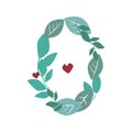 A number 0 with green leaves and branches and a heart isolated on a white background for design, a natural or eco stock vector Royalty Free Stock Photo