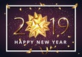 Vector stock premium luxury 2019 Happy New Year background with beautiful golden gift bow, confetti and Christmas elements Royalty Free Stock Photo