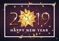 Vector stock premium luxury 2019 Happy New Year background with beautiful golden gift bow, confetti and Christmas Royalty Free Stock Photo