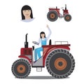 A farm tractor with asian brunette woman driving isolated on white background, a stock illustration of a young or middle