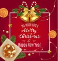 Vector stock We wish you a Merry Christmas and Happy New Year traditional classic design template. Jingle golden bells Royalty Free Stock Photo