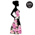 Vector Stock Woman Flowered Silhouette in black dress. Woman black profile Royalty Free Stock Photo